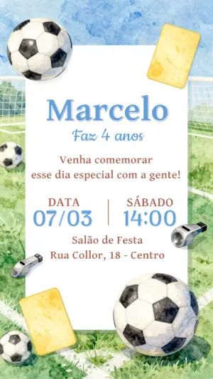 Convite de Aniversário Futebol Aquarela para Editar Online