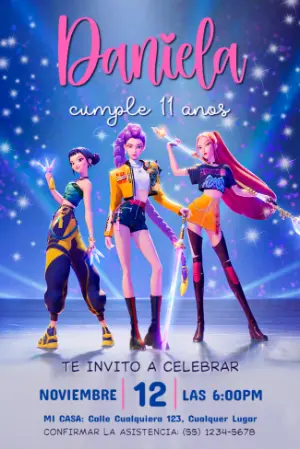 Invitación de Cumpleaños Guerreras K-pop Modelo Digital Editable