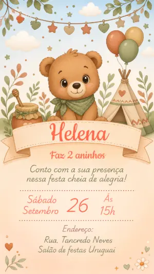 Convite de Aniversário Ursinho Boho Editável para Menina