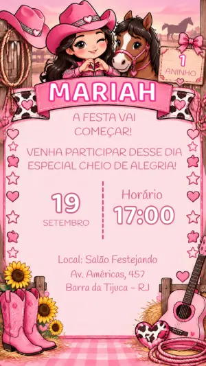 Convite de Aniversário Cowgirl Rosa Editável