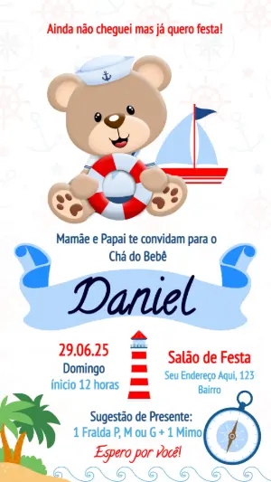 Convite Chá de Bebê Ursinho Marinheiro para Editar Online