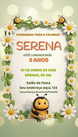 Convite Aniversário Infantil Abelhinha 3D Modelo Editável