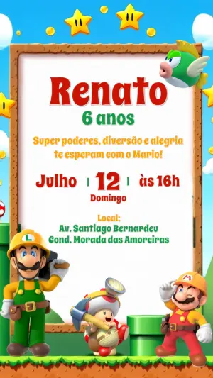 Convite de Aniversário Mario Bros Construtor para Editar Online