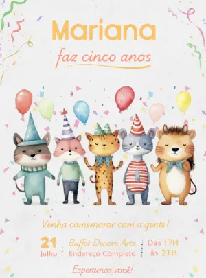 Convite Aniversário Infantil Bichinhos da Floresta Aquarela Editável