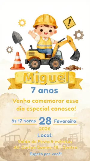 Convite de Aniversário Infantil Tema Construtor Editável