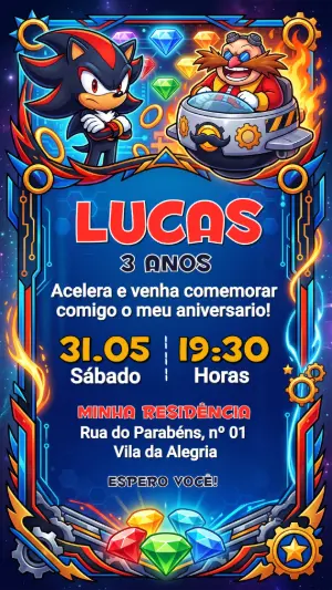 Convite de Aniversário Sonic e Shadow Editável para Festa Infantil