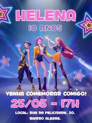Convite Aniversário K-Pop Guerreiras para Editar Online