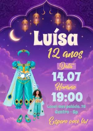 Convite Jasmine: Vire a Princesa com sua Foto IA Editável