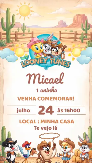 Convite de Aniversário Baby Looney Tunes Cowboy para Editar