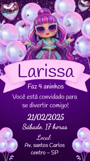 Convite de Aniversário Boneca Fashion Roxo com Brilho Editável