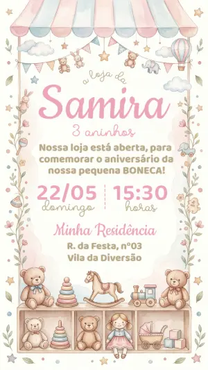 Convite de Aniversário Loja de Brinquedos Aquarela Editável