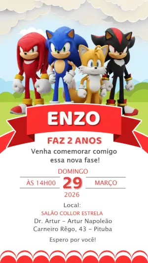 Convite de Aniversário Sonic e Turma Modelo Digital para Editar