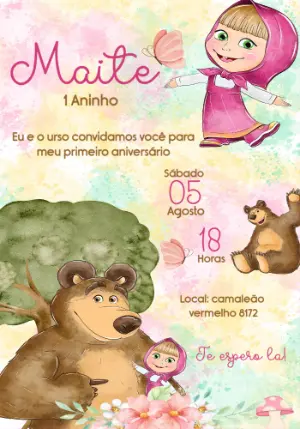 Convite de Aniversário Masha e o Urso para Editar Online