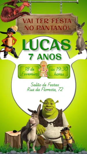 Convite de Aniversário Shrek com Personagens para Editar Online