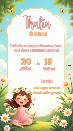 Convite Aniversário Jardim Encantado com Menina para Editar
