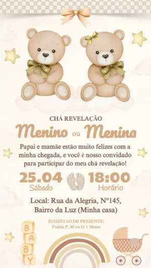 Convite Chá Revelação Ursinhos Aquarela Neutro para Editar