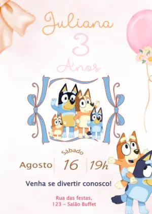 Convite de Aniversário Bluey e Bingo para Editar Online