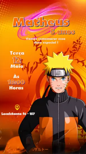 Convite de Aniversário Naruto Laranja Modelo Editável