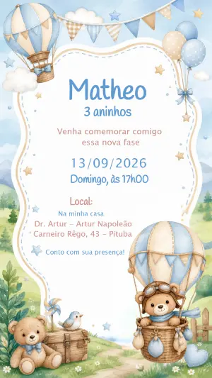 Convite Editável de Aniversário Tema Ursinho Baloeiro