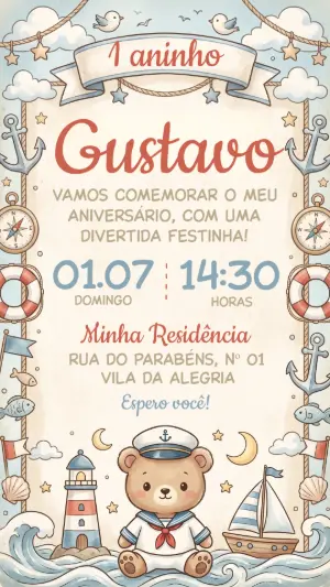 Convite de Aniversário Ursinho Marinheiro Editável