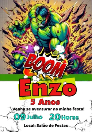 Convite de Aniversário Hulk para Editar e Imprimir Online