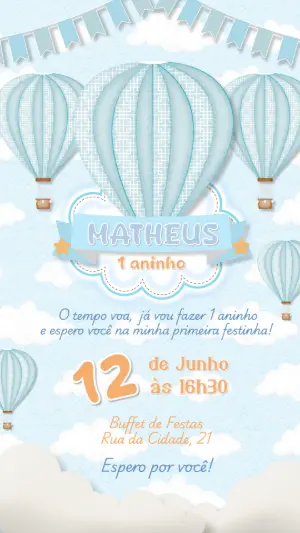 Convite Aniversário Balão Azul para Editar Online