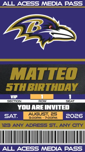 Editable Football VIP Pass Birthday Invitation Baltimore Ravens