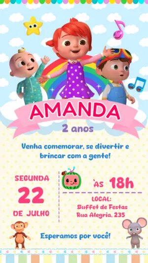 Convite Aniversário Cocomelon com Personagens para Editar Online