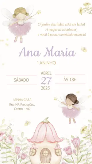 Convite Aniversário Jardim das Fadas Aquarela para Editar Online