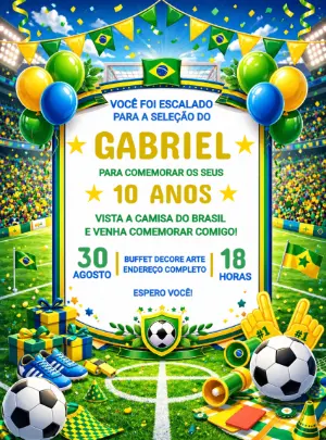 Convite de Aniversário Futebol Brasil Editável para Enviar