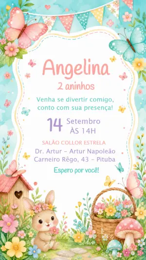 Convite Jardim Encantado com Coelhinha Aquarela para Editar