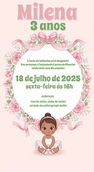 Convite Aniversário Bailarina Delicada para Editar Online