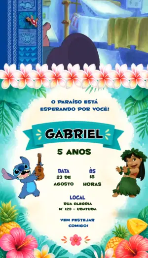 Convite Animado Aniversário Lilo & Stitch para Editar