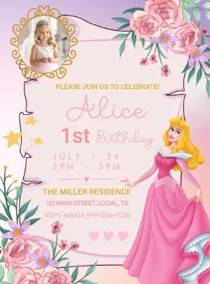 Princess Aurora Birthday Invitation Editable Template with photo