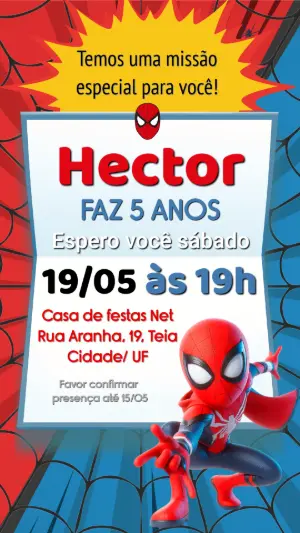 Convite de Aniversário Homem-Aranha Cartoon Editável