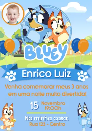 Convite de Aniversário Bluey e Bingo com Foto para Editar