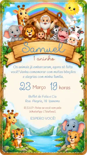 Convite de Aniversário Arca de Noé Aquarela para Editar