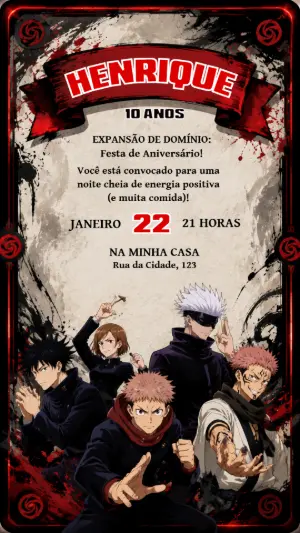 Convite de Aniversário Jujutsu Kaisen Editável