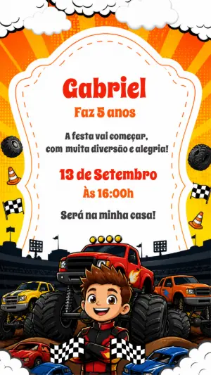 Convite de Aniversário Monster Truck Editável e Digital