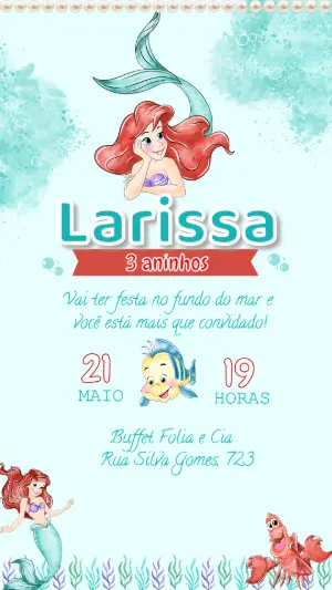 Convite de Aniversário A Pequena Sereia Ariel Editável