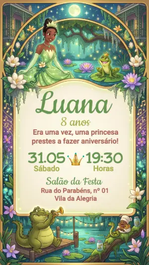 Convite de Aniversário Princesa Tiana e o Sapo Editável