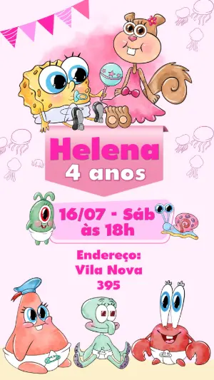 Convite de Aniversário Bob Esponja Menina Rosa para Editar