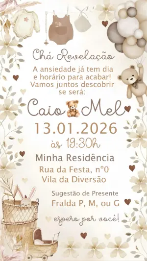 Convite Chá Revelação Boho Ursinho Aquarela para Editar