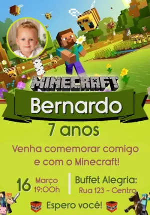 Convite de Aniversário Minecraft com Foto para Editar