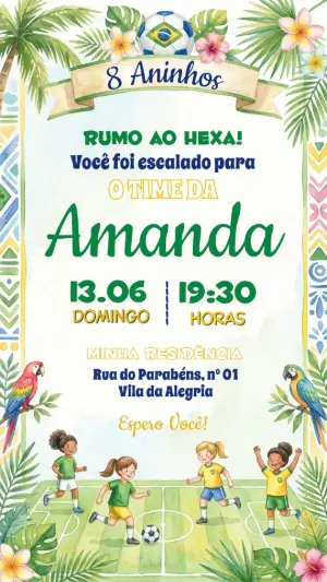 Convite Aniversário Futebol Menina Brasil Editável
