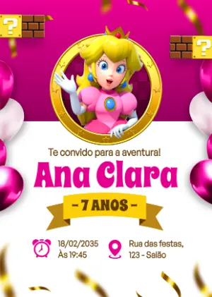 Convite de Aniversário Princesa Peach Super Mario Editável