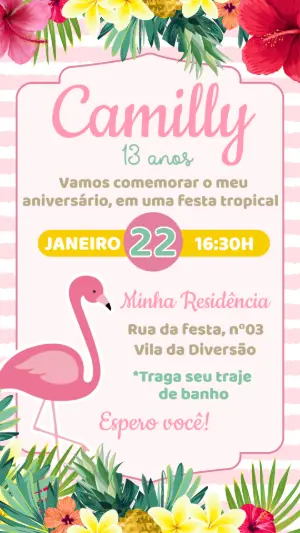 Convite Digital Aniversário Tropical com Flamingo Editável