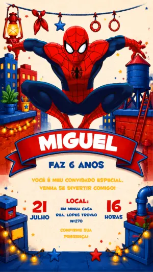 Convite de Aniversário Homem-Aranha Ilustrado para Editar