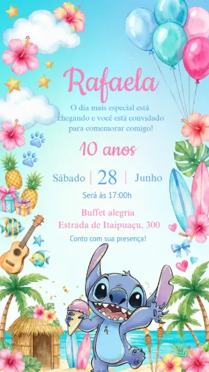 Convite Digital Aniversário Stitch Tropical Havaiano Editável