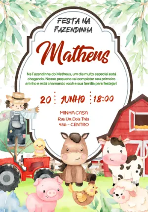 Convite de Aniversário Fazendinha Aquarela para Editar